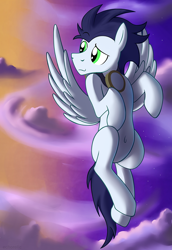 Size: 1064x1550 | Tagged: safe, artist:dripponi, character:soarin', species:pegasus, species:pony, belly button, cute, flying, goggles, looking back, male, missing cutie mark, silly, silly pony, solo, stallion, stupid sexy soarin, sunset, wonderbolts