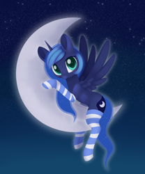 Size: 1856x2232 | Tagged: safe, artist:dusthiel, character:princess luna, species:alicorn, species:pony, blushing, clothing, crescent moon, cute, cutie mark, ethereal mane, female, looking at you, lunabetes, moon, on the moon, smiling, socks, solo, striped socks, tangible heavenly object, transparent moon
