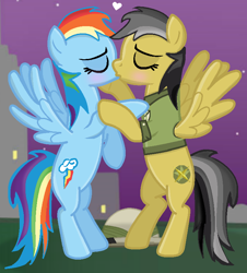 Size: 734x811 | Tagged: safe, artist:ask-theponyqueen, artist:blizzardicefox, artist:grapefruitface1, base used, character:daring do, character:rainbow dash, species:pony, ship:daringdash, blushing, clothing, female, hat, kissing, lesbian, shipping