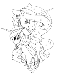 Size: 2388x3144 | Tagged: safe, artist:longinius, character:princess luna, oc, oc:silk lace, species:alicorn, species:pony, species:unicorn, alternate hairstyle, black and white, canon x oc, crying, ear piercing, earring, female, grayscale, hoof shoes, hug, jewelry, lineart, mare, monochrome, piercing, sad, shipping, smiling