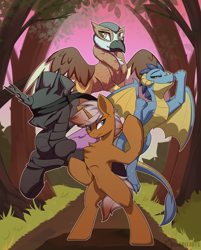 Size: 3435x4266 | Tagged: safe, artist:beardie, oc, oc only, species:changeling, species:dragon, species:griffon, species:pony, species:unicorn, forest, griffon oc, group picture, party