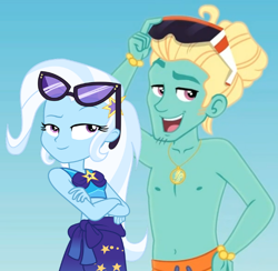 Size: 600x586 | Tagged: safe, artist:themexicanpunisher, character:trixie, character:zephyr breeze, episode:blue crushed (a.k.a baewatch), g4, my little pony: equestria girls, my little pony:equestria girls, clothing, female, male, partial nudity, straight, topless, trixbreeze, zephyr's necklace