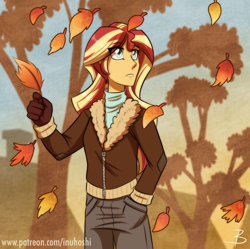 Size: 930x925 | Tagged: safe, artist:inuhoshi-to-darkpen, character:sunset shimmer, my little pony:equestria girls, autumn, clothing, eye clipping through hair, falling leaves, female, gloves, hand in pocket, jacket, leaves, pants, scenery, solo, sunset shimmer day, tree