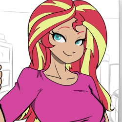Size: 1042x1042 | Tagged: safe, artist:eve-ashgrove, artist:reiduran, character:sunset shimmer, my little pony:equestria girls, clothing, collaboration, colored, female, lidded eyes, partial color, shirt, smiling, solo