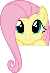 Size: 2674x3832 | Tagged: safe, artist:cheezedoodle96, part of a set, character:fluttershy, species:pegasus, species:pony, .svg available, boop bait, bust, close-up, cute, female, hair over one eye, hooves on the table, looking at you, mare, peekaboo, peeking, portrait, shyabetes, simple background, smiling, solo, svg, this will end in boops, transparent background, vector
