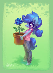 Size: 1378x1893 | Tagged: safe, artist:holivi, oc, oc only, oc:raylanda, species:anthro, species:earth pony, species:unguligrade anthro, anthro oc, blue rose, clothing, commission, cute, dawwww, female, flower, holding, jeans, looking at something, ocbetes, pants, ponytail, pot, potted plant, profile, rose, shirt, smiling, solo, t-shirt, younger