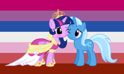 Size: 5000x3000 | Tagged: safe, artist:navitaserussirus, edit, character:trixie, character:twilight sparkle, character:twilight sparkle (alicorn), species:alicorn, species:pony, ship:twixie, big crown thingy, bisexual pride flag, blushing, clothing, coronation dress, dress, element of magic, female, jewelry, lesbian, pride, pride flag, regalia, shipping