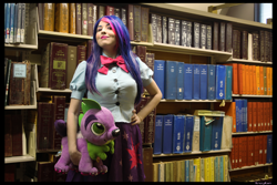 Size: 5184x3456 | Tagged: safe, artist:krazykari, character:spike, character:twilight sparkle, species:dog, species:human, my little pony:equestria girls, book, bookshelf, clothing, cosplay, costume, equestria girls outfit, irl, irl human, photo, plushie, spike the dog
