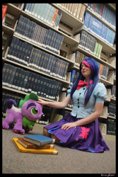 Size: 3456x5184 | Tagged: safe, artist:krazykari, character:spike, character:twilight sparkle, species:dog, species:human, my little pony:equestria girls, book, bookshelf, clothing, cosplay, costume, equestria girls outfit, irl, irl human, photo, plushie, spike the dog