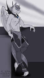 Size: 1000x1756 | Tagged: safe, artist:sunny way, patreon reward, rcf community, oc, oc only, oc:rally flag, species:anthro, species:pegasus, species:pony, clothing, feather, guard, male, nightmare, nudity, partial nudity, patreon, scar, solo, stallion, topless, torso, wings