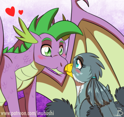 Size: 1200x1134 | Tagged: safe, artist:inuhoshi-to-darkpen, character:gabby, character:spike, species:dragon, species:griffon, ship:spabby, blushing, boop, chest fluff, digital art, eye contact, female, heart, looking at each other, male, noseboop, older, older spike, shipping, smiling, straight, winged spike