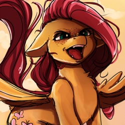 Size: 2000x2000 | Tagged: safe, artist:miokomata, character:fluttershy, species:pegasus, species:pony, badass, badass adorable, blushing, chest fluff, cute, fangs, female, floppy ears, flutterbadass, freckles, freckleshy, mare, open mouth, rawr
