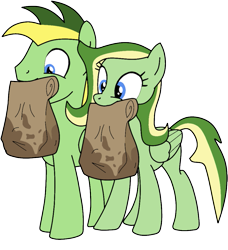 Size: 853x937 | Tagged: safe, artist:didgereethebrony, base used, oc, oc:boomerang beauty, oc:didgeree, species:pegasus, species:pony, blue eyes, boomeree, brother and sister, burger, female, food, grease, hay burger, lunch bag, male, mcdonald's, siblings, simple background, trace, transparent background