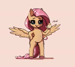 Size: 2000x1800 | Tagged: safe, artist:miokomata, character:fluttershy, species:bird, species:pegasus, species:pony, belly button, bipedal, birb, blushing, captain obvious, colored hooves, cute, cute little fangs, dialogue, fangs, female, freckles, hoof on hip, mare, open mouth, simple background, solo, spread wings, wings