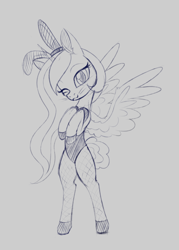 Size: 1176x1641 | Tagged: safe, artist:dusthiel, character:princess celestia, species:alicorn, species:pony, bipedal, bunny ears, bunny suit, bunnylestia, clothing, female, fishnets, grayscale, looking at you, mare, monochrome, one eye closed, sketch, solo, whiskers, wink