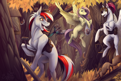 Size: 1486x1000 | Tagged: safe, artist:sunny way, rcf community, character:fluttershy, oc, oc:rifey, oc:sunny way, species:bird, species:earth pony, species:magpie, species:pegasus, species:pony, autumn, autumn forest, bullfinch, competition, feather, feeder, female, foliage, food, forest, hammer, happy, mare, missing cutie mark, open mouth, squirrel, tit (bird), titmouse, tree, waxwings, woodpecker
