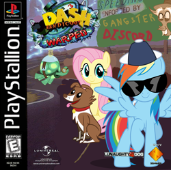 Size: 802x800 | Tagged: safe, artist:luckreza8, artist:nickyv917, character:discord, character:fluttershy, character:rainbow dash, character:tank, character:winona, species:dog, species:pony, 1000 hours in ms paint, baseball cap, box art, cap, clothing, coco bandicoot, collar, cover, crash bandicoot, crash bandicoot warped, cute, esrb, fake, faker than a three dollar bill, gangster, graffiti, hat, naughty dog, playstation, race track, racing, rainbow swag, shyabetes, sony computer entertainment, sunglasses, swag, tortoise, trollcord, universal studios