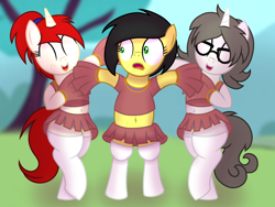 Size: 1600x1200 | Tagged: safe, artist:toyminator900, oc, oc only, oc:silver draw, oc:solaria, oc:uppercute, species:earth pony, species:pony, species:unicorn, belly button, bipedal, cheerleader, cheerleader outfit, clothing, cute, female, freckles, glasses, mare, midriff, miniskirt, open mouth, pleated skirt, pom pom, ponytail, short shirt, shrunken pupils, skirt, smiling, socks, thigh highs, trio