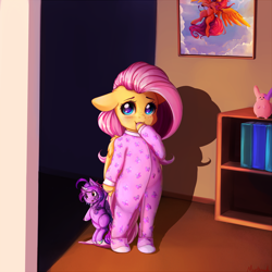 Size: 2000x2000 | Tagged: safe, artist:miokomata, character:fluttershy, species:pegasus, species:pony, bipedal, blushing, clothing, colored hooves, covering mouth, cute, cuteness overload, female, filly, filly fluttershy, floppy ears, foal, folded wings, footed sleeper, freckles, freckleshy, hnnng, indoors, looking at you, pajamas, plushie, precious, semi-anthro, shyabetes, smiling, smol, weapons-grade cute, wings, younger