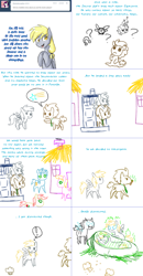 Size: 1562x3006 | Tagged: safe, artist:jitterbugjive, character:dinky hooves, character:doctor whooves, character:time turner, species:changeling, species:pony, lovestruck derpy, captured, comic, crayon, crossover, doctor who, food, magic, muffin, parasprite, tardis, the doctor