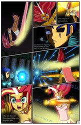 Size: 2331x3600 | Tagged: safe, artist:artemis-polara, character:daydream shimmer, character:flash sentry, character:sunset shimmer, comic:a battle to save a possessed soul, my little pony:equestria girls, arm cannon, armor, armpits, aura, beam, bleeding, blocking, blood, breasts, cleavage, clothing, comic, commission, corrupted, danger, dark samus, daydream shimmer, defending, destruction, devastation, dress, electrified, electrocution, energy weapon, explosion, falling, fear, female, fight, forest, guarding, horn, injured, magic, male, metroid, night, pain, phazon, possessed, red eye, scared, serious, serious face, shocked expression, tree, weapon