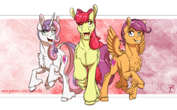 Size: 2000x1240 | Tagged: safe, artist:inuhoshi-to-darkpen, character:apple bloom, character:scootaloo, character:sweetie belle, species:earth pony, species:pegasus, species:pony, species:unicorn, episode:growing up is hard to do, g4, my little pony: friendship is magic, cheek fluff, chest fluff, cloven hooves, cutie mark, cutie mark crusaders, ear fluff, feathered fetlocks, female, fluffy, hoof fluff, leonine tail, long feather, mare, older, older apple bloom, older cmc, older scootaloo, older sweetie belle, open mouth, raised hoof, spread wings, the cmc's cutie marks, trio, unshorn fetlocks, wings