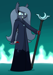 Size: 2141x3000 | Tagged: safe, artist:moonatik, oc, oc only, oc:selenite, species:anthro, species:bat pony, species:pony, species:unguligrade anthro, blue fire, cloak, clothing, costume, cultist, female, fire, food, insanity, jewelry, ketchup, mare, necklace, nightmare night costume, not blood, sauce, solo, staff