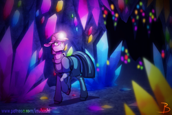 Size: 1772x1181 | Tagged: safe, artist:inuhoshi-to-darkpen, character:maud pie, species:earth pony, species:pony, cave, clothing, crystal, dress, female, floppy ears, gem cave, glowing gems, helmet, mare, mine, solo