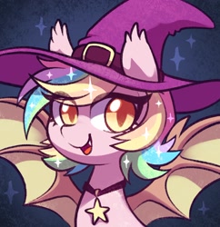 Size: 1632x1687 | Tagged: safe, artist:dawnfire, oc, oc only, oc:paper stars, species:bat pony, species:pony, bat pony oc, clothing, ethereal mane, eye clipping through hair, galaxy mane, hat, solo, spread wings, wings, witch hat