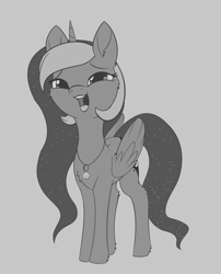Size: 1346x1666 | Tagged: safe, artist:dusthiel, character:princess luna, species:alicorn, species:pony, inktober, ethereal mane, female, galaxy mane, grayscale, inktober 2019, jewelry, laughing, mare, monochrome, necklace, ring, simple background, solo