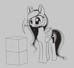 Size: 1907x1757 | Tagged: safe, artist:dusthiel, character:princess luna, species:alicorn, species:pony, inktober, block, ethereal mane, female, galaxy mane, grayscale, inktober 2019, mare, minecraft, minkreft, monochrome, mouth hold, pickaxe, solo