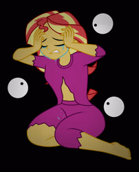 Size: 1700x2100 | Tagged: safe, artist:mashoart, character:sunset shimmer, species:human, my little pony:equestria girls, barefoot, black background, clothing, crying, eyes closed, feet, female, pajamas, simple background, solo, torn clothes