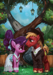 Size: 765x1080 | Tagged: safe, artist:assasinmonkey, character:big mcintosh, character:sugar belle, species:earth pony, species:pony, species:unicorn, ship:sugarmac, episode:the big mac question, g4, my little pony: friendship is magic, apple, apple tree, bokeh, clothing, cute, dress, female, hat, husband and wife, intertwined trees, lantern, looking at each other, male, mare, marriage, pear tree, rock, scene interpretation, shipping, stallion, straight, sugarbetes, tree, wedding, wedding dress
