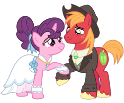 Size: 3600x3000 | Tagged: safe, artist:cheezedoodle96, character:big mcintosh, character:sugar belle, species:earth pony, species:pony, species:unicorn, ship:sugarmac, episode:the big mac question, g4, my little pony: friendship is magic, .svg available, bolo tie, clothing, cowboy hat, cute, dress, eye contact, female, hat, holding hooves, husband and wife, lidded eyes, looking at each other, male, mare, marriage, ring, shipping, shirt, simple background, smiling, stallion, straight, suit, svg, transparent background, vector, vest, wedding, wedding dress, wedding ring