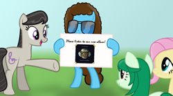 Size: 1780x987 | Tagged: safe, artist:grapefruitface1, base used, character:fluttershy, character:octavia melody, character:wallflower blush, oc, oc:electric light (jeff lynne pony), species:pony, aviator glasses, electric light orchestra, missing accessory, poster, sunglasses