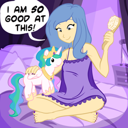Size: 1890x1890 | Tagged: safe, artist:megasweet, artist:tess, character:princess celestia, character:princess luna, species:human, barefoot, bed, brushie, clothing, dialogue, feet, female, hairbrush, humanized, nail polish, nightgown, plushie, s1 luna, sitting, smiling, solo, speech bubble