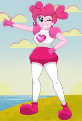 Size: 1700x2500 | Tagged: safe, artist:mashoart, character:pinkie pie, my little pony:equestria girls, spoilers for another series, cartoon network, clothing, cosplay, costume, crossover, female, grass, grin, heart eyes, ocean, one eye closed, pinel, smiling, solo, spinel (steven universe), steven universe, steven universe: the movie, wingding eyes, wink