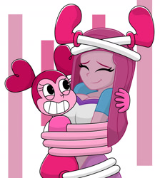 Size: 1700x1900 | Tagged: safe, artist:mashoart, character:pinkamena diane pie, character:pinkie pie, species:human, my little pony:equestria girls, spoilers for another series, big breasts, breasts, busty pinkie pie, cartoon network, clothing, crossover, cute, eyes closed, female, grass, grin, heart eyes, hug, one eye closed, smiling, solo, spinel (steven universe), steven universe, steven universe: the movie