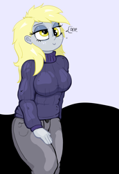 Size: 2277x3311 | Tagged: safe, artist:paskanaakka, derpibooru original, character:derpy hooves, my little pony:equestria girls, abstract background, breasts, busty derpy hooves, clothing, derp, female, lidded eyes, solo, sweater