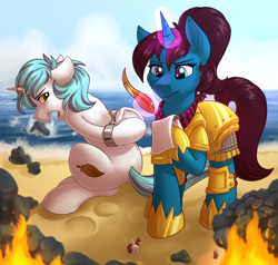 Size: 3040x2894 | Tagged: safe, artist:sugaryviolet, oc, oc only, oc:altus bastion, oc:snap feather, oc:twinkle bloom, species:earth pony, species:pony, species:unicorn, arm behind back, armor, arrested, beach, cuffs, female, fire, giant pony, guardsmare, hand cuffs, high res, levitation, macro, magic, magic suppression, mare, micro, ocean, open mouth, paper, quill, royal guard, sand, sitting, size difference, telekinesis