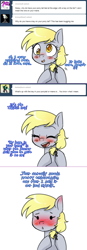 Size: 780x2254 | Tagged: safe, artist:jitterbugjive, character:derpy hooves, character:doctor whooves, character:time turner, species:pegasus, species:pony, lovestruck derpy, alternate hairstyle, ask, blushing, blushing profusely, ear blush, female, implied doctorderpy, implied shipping, implied straight, key, mare, solo, tumblr