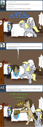Size: 780x2255 | Tagged: safe, artist:jitterbugjive, character:derpy hooves, character:doctor whooves, character:time turner, species:earth pony, species:pegasus, species:pony, lovestruck derpy, bed, clothing, crossover, doctor who, doctor whooves is not amused, female, fez, fourth doctor's scarf, hat, male, mare, multiverse, now you're thinking with portals, portal, portal (valve), seventh doctor's umbrella, stallion, the doctor
