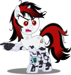 Size: 6445x6788 | Tagged: safe, artist:vector-brony, oc, oc only, oc:blackjack, species:pony, species:unicorn, fallout equestria, fallout equestria: project horizons, absurd resolution, angry, artificial hands, augmented, biohacking, cyber legs, cyborg, fanfic, fanfic art, female, hooves, horn, level 1 (project horizons), mare, mechanical hands, open mouth, pointing, raised hoof, simple background, solo, transparent background