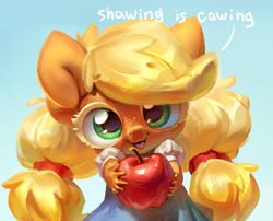 Size: 2894x2343 | Tagged: safe, artist:holivi, character:applejack, species:anthro, species:earth pony, species:pony, apple, cute, dialogue, female, filly applejack, food, holivi is trying to murder us, jackabetes, sharing is caring, solo, talking to viewer, weapons-grade cute, younger