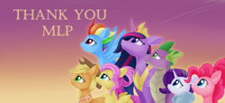 Size: 7008x3198 | Tagged: safe, artist:dusthiel, character:applejack, character:fluttershy, character:pinkie pie, character:rainbow dash, character:rarity, character:spike, character:twilight sparkle, character:twilight sparkle (alicorn), species:alicorn, species:dragon, species:earth pony, species:pegasus, species:pony, species:unicorn, episode:the last problem, g4, my little pony: friendship is magic, clothing, cowboy hat, crown, end of ponies, female, flying, gigachad spike, gradient background, group, hat, jewelry, looking up, mane seven, mane six, mare, older, older applejack, older fluttershy, older mane seven, older mane six, older pinkie pie, older rainbow dash, older rarity, older spike, older twilight, peytral, princess twilight 2.0, regalia, scarf, thank you, winged spike