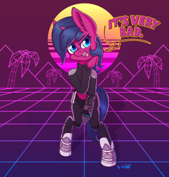 Size: 2560x2686 | Tagged: safe, artist:dsp2003, oc, oc:fizzy pop, species:pony, species:unicorn, bipedal, clothing, commission, costume, female, looking at you, mare, open mouth, outrun, palm tree, power glove, pyramid, shoes, signature, sneakers, sunset, tree, vaporwave, wireframe