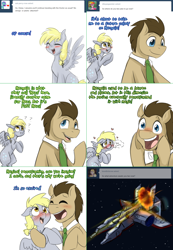 Size: 1562x2254 | Tagged: safe, artist:jitterbugjive, character:derpy hooves, character:doctor whooves, character:time turner, species:pegasus, species:pony, lovestruck derpy, ask, blushing, explosion, female, hug, mare, spaceship, the doctor, tumblr