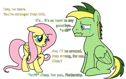 Size: 1133x705 | Tagged: safe, artist:didgereethebrony, base used, character:fluttershy, oc, oc:didgeree, species:pegasus, species:pony, crying, dialogue, missing cutie mark, simple background, teary eyes, trace, transparent background