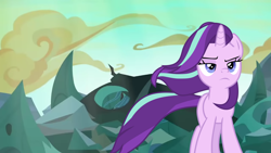 Size: 1542x869 | Tagged: safe, artist:frownfactory, edit, edited screencap, screencap, character:queen chrysalis, character:starlight glimmer, species:changeling, species:pony, species:unicorn, episode:the ending of the end, episode:to where and back again, g4, my little pony: friendship is magic, badass, changeling hive, defeated, like a boss, rubble, starlight glimmer in places she shouldn't be, walking away, windswept mane