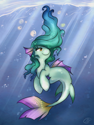 Size: 1024x1365 | Tagged: safe, artist:meggchan, oc, oc only, species:sea pony, bubble, crepuscular rays, female, ocean, smiling, solo, underwater